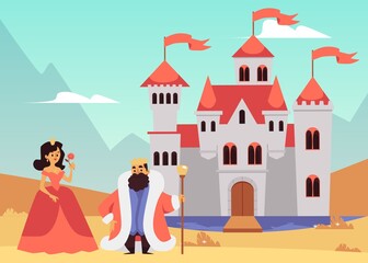 King and queen outside medieval castle - cartoon fairytale characters