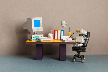 Robot office manager, retro style workplace. Old table with vintage computer, desk lamp and books. Stylish black leather office chair. Machine learning artificial intelligence concept.