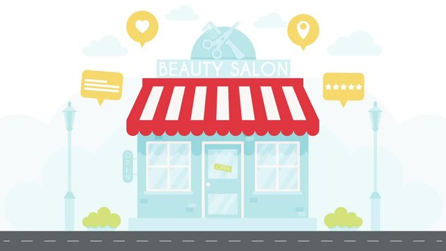 Beauty salon with like, review, map pin and rating bubbles. 
Vector animation video. 