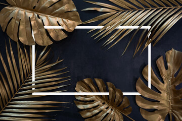 Collection of tropical leaves in gold color on black space background.Abstract leaf decoration design.