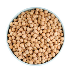 Chickpeas in bowl on white background, top view. Natural food