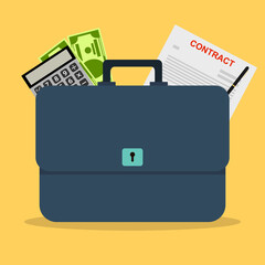 Business briefcase with a set of documents, money, calculator on a yellow background. Vector, cartoon illustration. Vector.