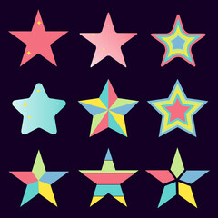 Fototapeta premium Stars. Set of geometric multicolored stars on a dark background. Vector, cartoon illustration. Vector.
