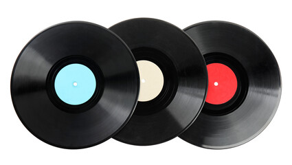 Black vintage vinyl records on white background