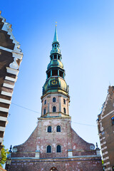 Saint Peter Church in the Old Town of Riga, Latvia. Vertical front view. Baltic States. 