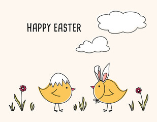 Cute cartoon chicks, happy easter, greeting, vector illustration