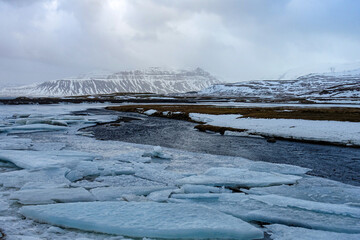 snæfellsnes peninsula, kirkjufell mountain, broken ice, floating ice, ice river, iceland, landscape, water, sea, winter, nature, sky, ice, snow, mountain, beach, blue, cold, coast, ocean, lake, white,
