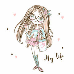 Cute fashionista teen girl in glasses with a Cup of coffee. My life. Vector