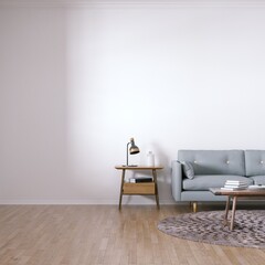 Room with Scandinavian Interior Design with Empty Walls, Sofa, Wooden Floors, Circular Carpet and Middle Table