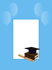blue background for congratulations to the university, school, books, hat, diploma