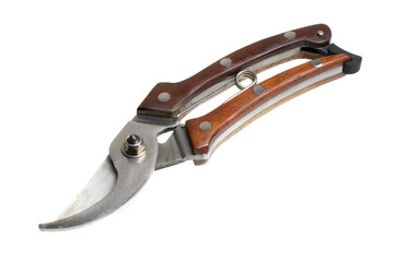 secateurs with brown handle on a white isolated background