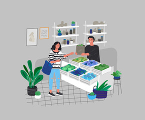 Girl grocery shopping healthy green eco food in a store or market. Daily life and everyday routine scene by young woman in scandinavian style cozy interior with homeplants. Cartoon vector