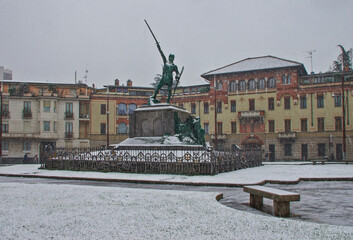 bronze statue of a medieval warrior symbol of Italian Independence.Legnano, metropolitan city of Milan, Lombardy, Italy.