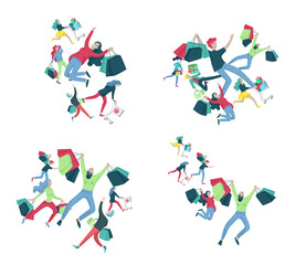 Collection of people carrying shopping bags with purchases. Madness on sale, line of crazy Men and women taking part in seasonal sale at store, shop, mall. Cartoon characters