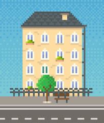 Naklejka premium House surrounded by green spaces and plants. Building with many windows for pixel game design