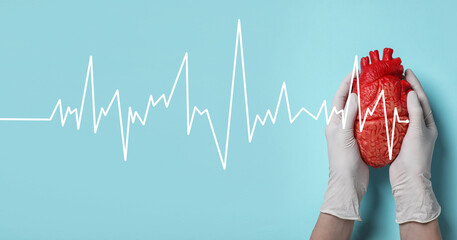 Doctor holding heart model on light blue background, top view