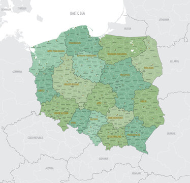 Fototapeta Detailed map of Poland with administrative divisions into 16 provinces (voivodeships) and counties (powiats), major cities of the country, vector illustration on white background