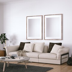 Room with Scandinavian Interior Design with Empty Frame on Walls, Sofa, Wooden Floors, Circular Carpet and Indoor Plant