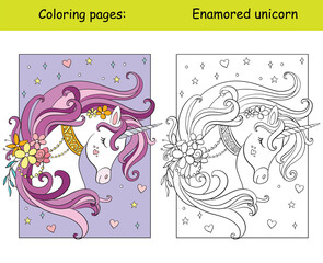 Beauty unicorn with flowers and stars coloring vector and template