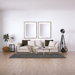 Room with Scandinavian Interior Design with Empty Frame on Walls, Sofa, Wooden Floors, Circular Carpet and Indoor Plant