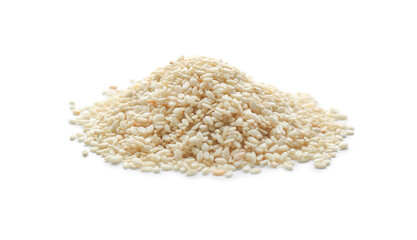 Pile of sesame seeds on white background