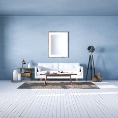 Room with Scandinavian Interior Design with Empty Walls, Sofa, Wooden Floors, Woolly Carpet and Middle Table