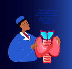 Endocrinologist Scientist Doctor Examine Thyroid,Anomalous Gland,Pineal Organ. Endocrine Research.Clinical Investigation. Hospital Medical Diagnostics.Radioactive Iodine Treatment. Vector Illustration