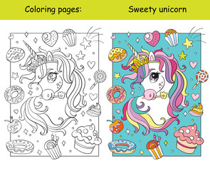 Cute unicorn head with sweets and cakes coloring vector and template © alinart