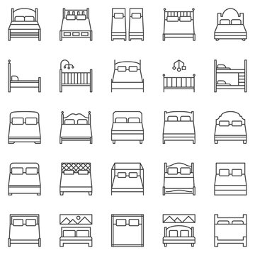 Bed Outline Icons Set - Vector Double And Single Beds Signs