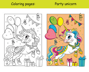 Cute party unicorn with balloons coloring vector and template