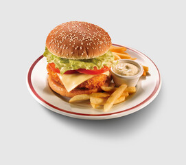 Hamburguesa  de pollo a la parrilla con queso, tomate y lechuga. Grilled chicken burger with cheese, tomato and lettuce.