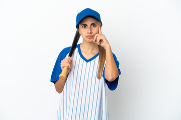 Young caucasian woman playing baseball isolated on white background thinking an idea