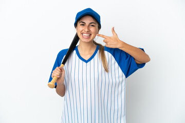 Young caucasian woman playing baseball isolated on white background giving a thumbs up gesture