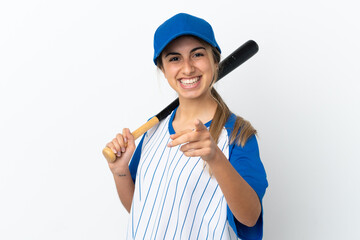 Young caucasian woman isolated on white background playing baseball and pointing to the front