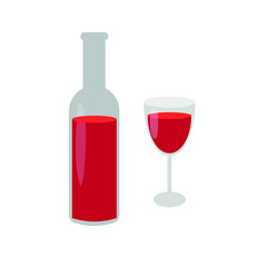 A bottle of red wine and a glass of red wine on a white background. Vector illustration.