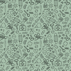 Seamless doodle with pandemic medical supplies on a green background.