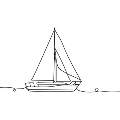 Continuous one line drawing of boat. Minimal style. Perfect for cards, party invitations, posters, stickers, clothing. Water transport concept