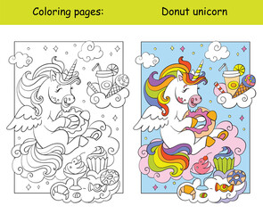 Cute unicorn eats donuts and other sweets coloring vector and template