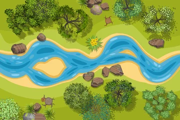Poster Vector illustration. Landscape with a winding river. (Top view) River with forest shore. (View from above) © Алексей Шпадарук