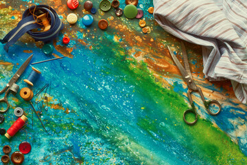 Vintage scissors, wood spools, buttons, threads and needles on iridescent artwork table.