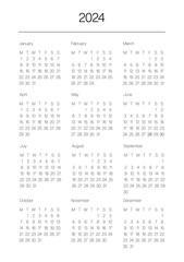 A5 format. Organizer and bullet journal printable page. Perfect minimalist calendar. 2024 year. Week starts at Monday. European English Gregorian calendar. Planner sticker. Stationery. Vector.	