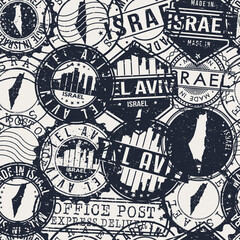 Tel Aviv-Yafo, Israel Set of Stamps. Travel Passport Stamps Pattern. Made In Product. Design Seals in Old Style Insignia Seamless. Icon Clip Art Vector Collection.
