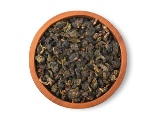 Chinese oolong tea Tie GuanYin isolated on white background. Top view