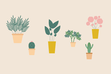Set of flower pots on a beige background. Vector graphics. Vector graphics trends