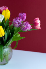 Bouquet of tulips. Flower delivery. Spring background . Tulip.