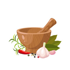 Pounding condiment mixture in wooden mortar with pestle. Vector illustration cartoon flat icon isolated on white background.