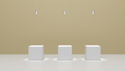 Blank concrete wall, podium and three lamp.3D render