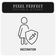 Coronavirus vaccination. Virus protection: woman is protected by shield with vaccine. Immune system. Thin line icon. Pixel perfect, editable stroke. Vector illustration.