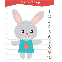 Math puzzle for children. We cut and collect. Counting up to 10. Bunny 