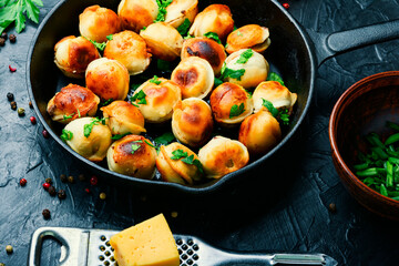 Homemade meat dumplings or pelmeni